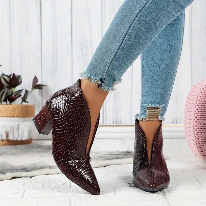 Women's Textured Ankle Boots with Curved Cut and Mid Block Heel
