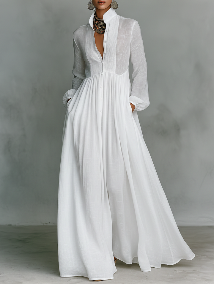 Veronica | Maxi Minimalist in Cotton and Linen with Patchwork, High Collar and Long Sleeves